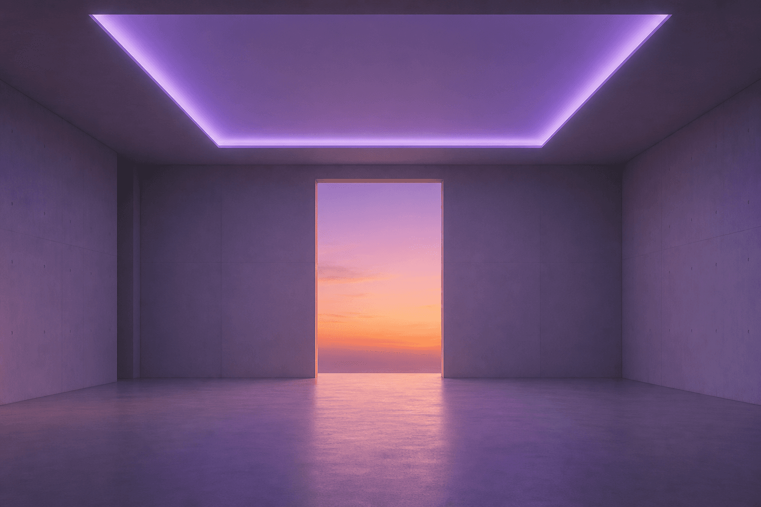 A minimal violet room opening onto a sunset horizon